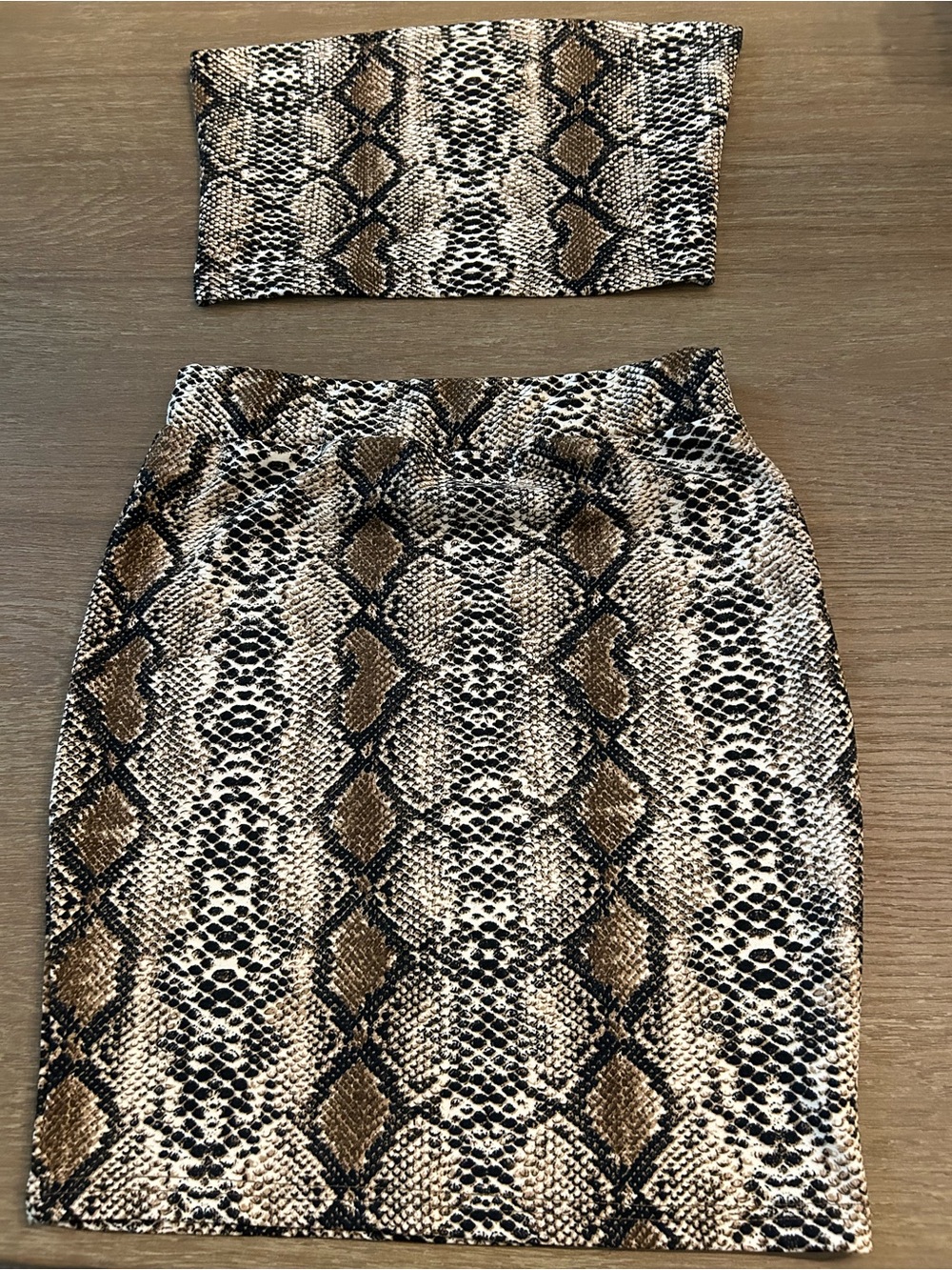 Snakeskin-patterned tube top and bodycon skirt, size small